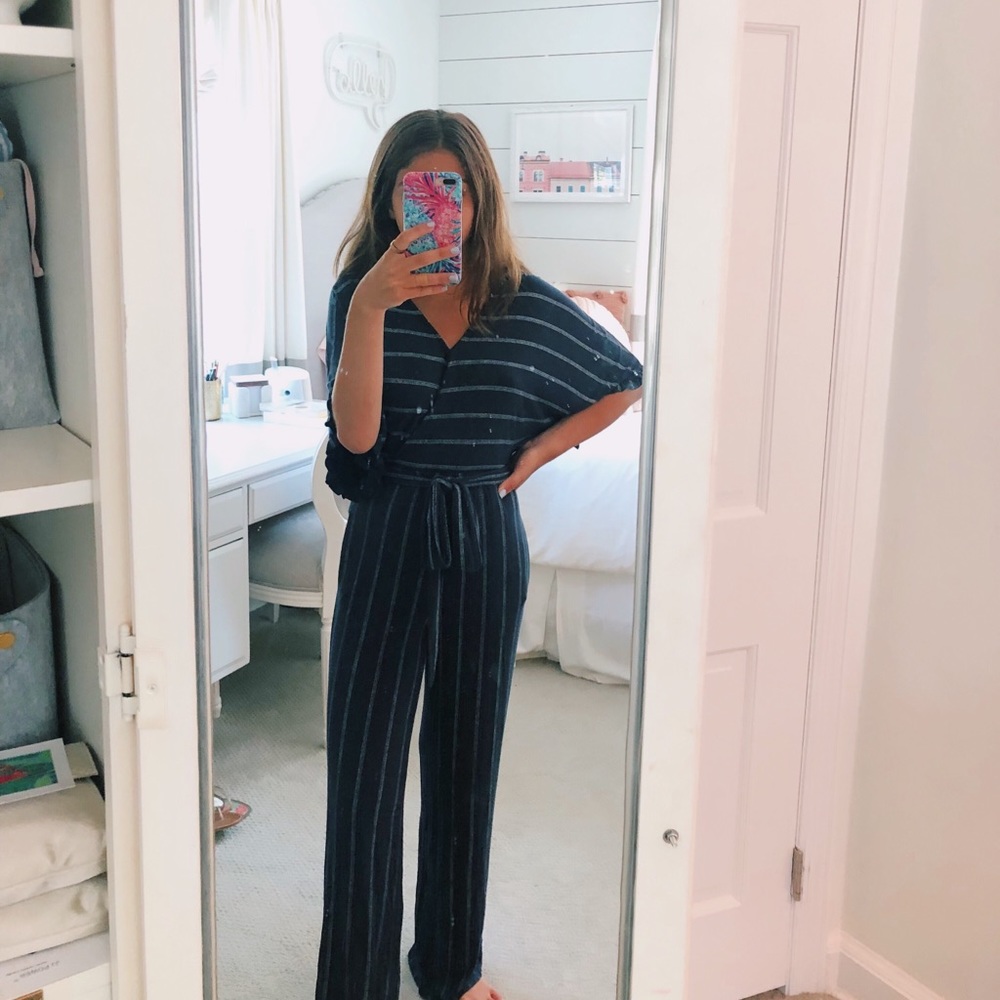 Blue and white striped jumpsuit